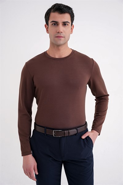 Comfort Fit Pamuklu Bisiklet Yaka Uzun Kollu Kakao Tişört TS 892