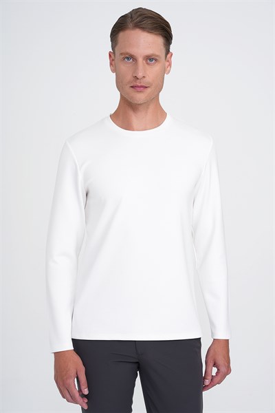 Comfort Fit Pamuklu Bisiklet Yaka Uzun Kollu Ekru Tişört TS 892