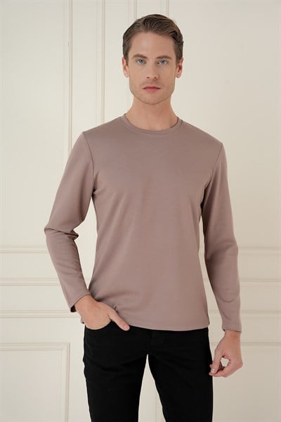 Comfort Fit Pamuklu Bisiklet Yaka Uzun Kollu Vizon Tişört TS 892
