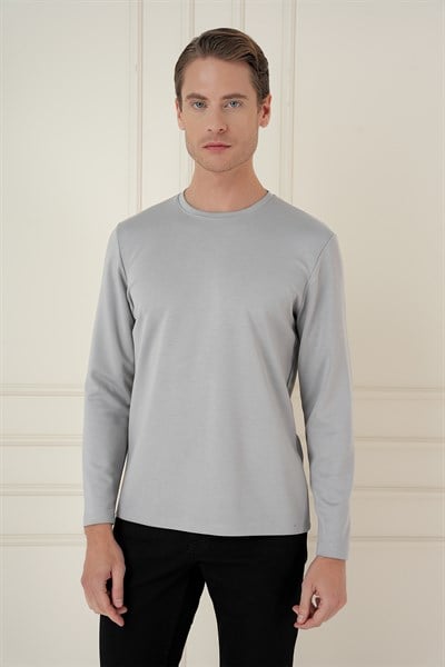 Comfort Fit Pamuklu Bisiklet Yaka Uzun Kollu Gri Tişört TS 892
