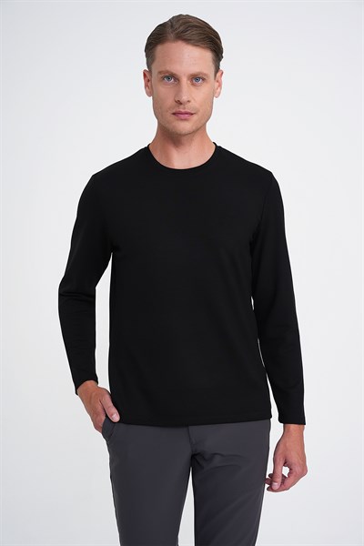 Comfort Fit Pamuklu Bisiklet Yaka Uzun Kollu Siyah Tişört TS 892