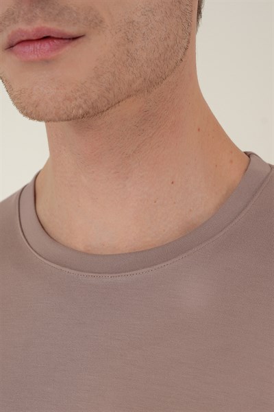 Comfort Fit Pamuklu Bisiklet Yaka Uzun Kollu Vizon Tişört TS 892