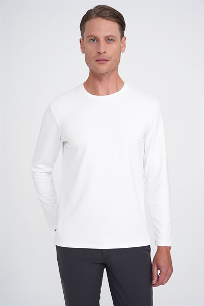 Comfort Fit Pamuklu Bisiklet Yaka Uzun Kollu Ekru Tişört TS 892