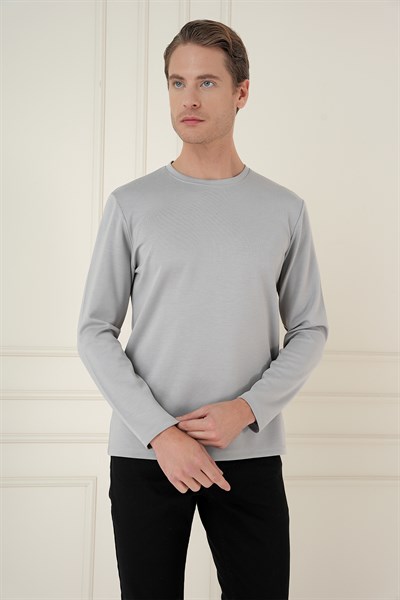 Comfort Fit Pamuklu Bisiklet Yaka Uzun Kollu Gri Tişört TS 892