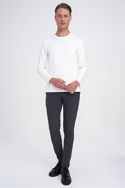 Comfort Fit Pamuklu Bisiklet Yaka Uzun Kollu Ekru Tişört TS 892