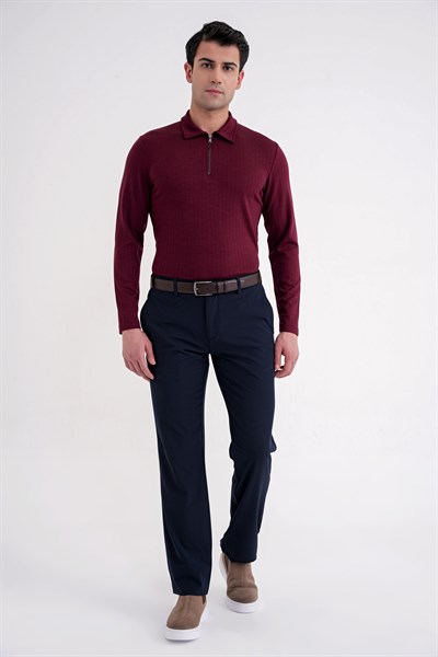 Comfort Fit Pamuklu Fermuarlı Polo Yaka Uzun Kollu Bordo Tişört TS 919