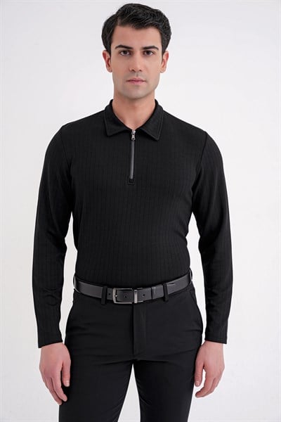 Comfort Fit Pamuklu Fermuarlı Polo Yaka Uzun Kollu Siyah Tişört TS 919