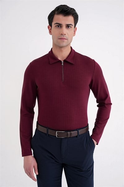Comfort Fit Pamuklu Fermuarlı Polo Yaka Uzun Kollu Bordo Tişört TS 919