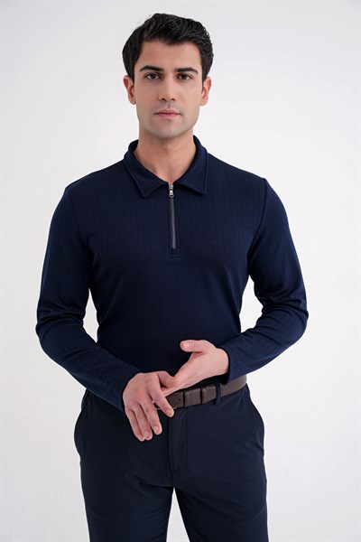 Comfort Fit Pamuklu Fermuarlı Polo Yaka Uzun Kollu Lacivert Tişört TS 919