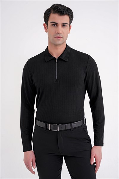 Comfort Fit Pamuklu Fermuarlı Polo Yaka Uzun Kollu Siyah Tişört TS 919