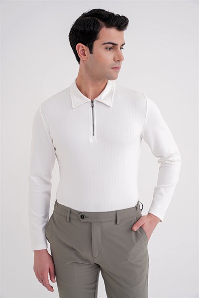 Comfort Fit Pamuklu Fermuarlı Polo Yaka Uzun Kollu Ekru Tişört TS 919