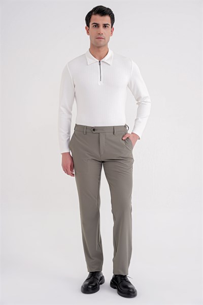 Comfort Fit Pamuklu Fermuarlı Polo Yaka Uzun Kollu Ekru Tişört TS 919