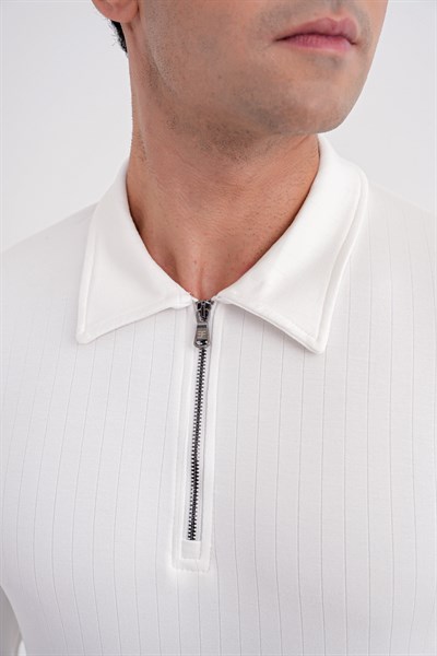 Comfort Fit Pamuklu Fermuarlı Polo Yaka Uzun Kollu Ekru Tişört TS 919