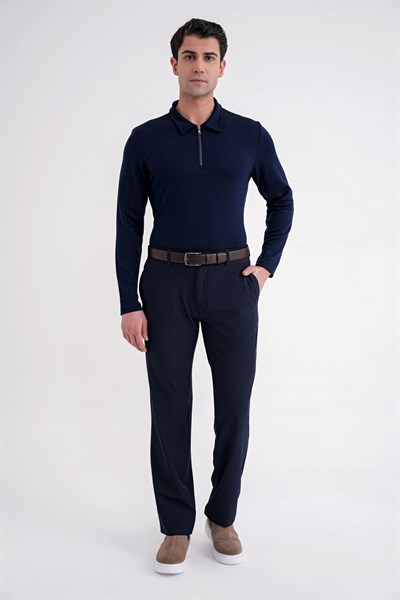 Comfort Fit Pamuklu Fermuarlı Polo Yaka Uzun Kollu Lacivert Tişört TS 919