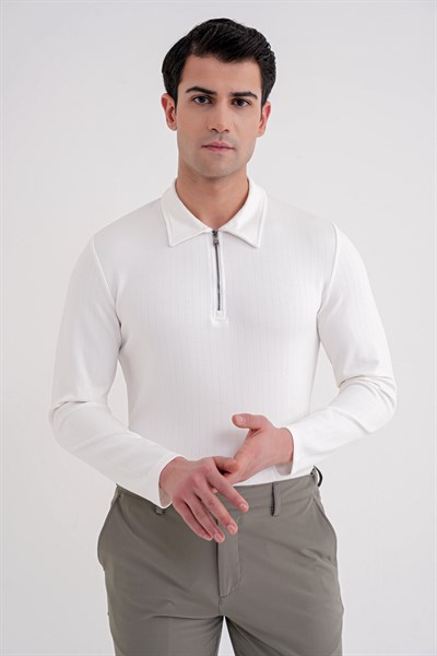 Comfort Fit Pamuklu Fermuarlı Polo Yaka Uzun Kollu Ekru Tişört TS 919