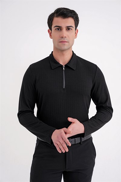 Comfort Fit Pamuklu Fermuarlı Polo Yaka Uzun Kollu Siyah Tişört TS 919