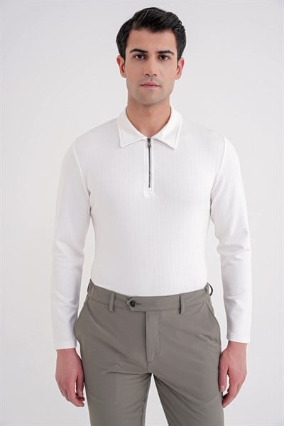 Comfort Fit Pamuklu Fermuarlı Polo Yaka Uzun Kollu Ekru Tişört TS 919