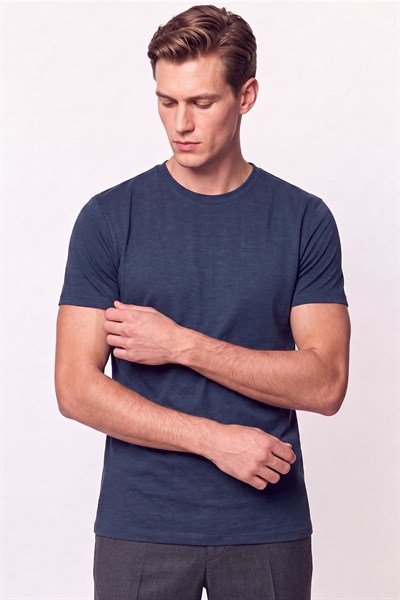 Comfort Fit Pamuklu Modal Kumaş Bisiklet Yaka Lacivert Tişört TS 924