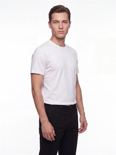 Comfort Fit Pamuklu Modal Kumaş Bisiklet Yaka Ekru Tişört TS 924