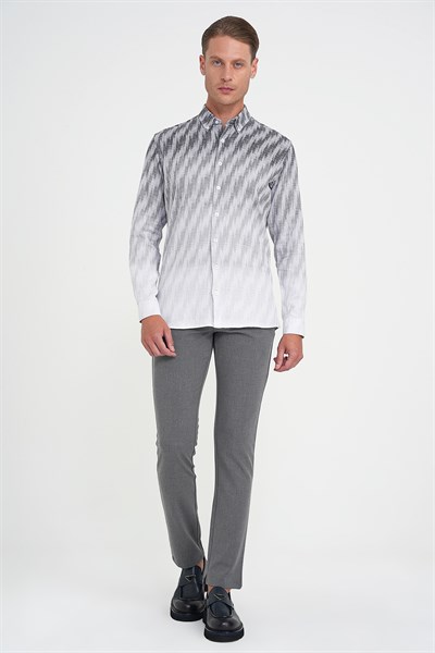 Comfort Fit Pano Desen Düğme Yaka %100 Keten Gri Gömlek G 1594