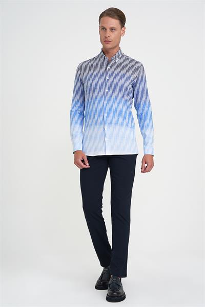 Comfort Fit Pano Desen Düğme Yaka %100 Keten Mavi Gömlek G 1594