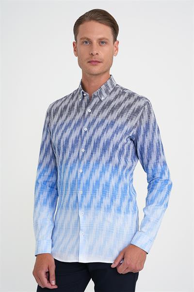 Comfort Fit Pano Desen Düğme Yaka %100 Keten Mavi Gömlek G 1594