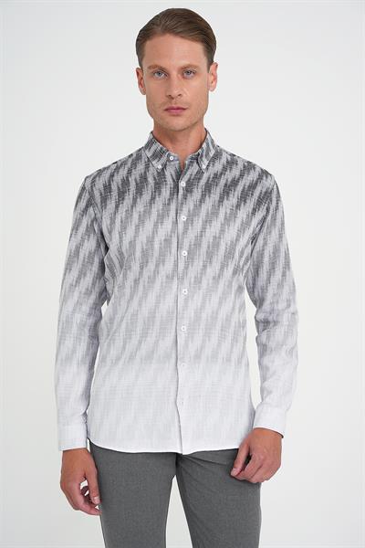 Comfort Fit Pano Desen Düğme Yaka %100 Keten Gri Gömlek G 1594