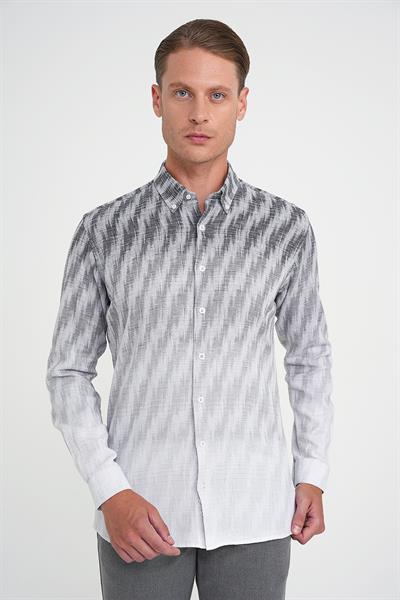 Comfort Fit Pano Desen Düğme Yaka %100 Keten Gri Gömlek G 1594
