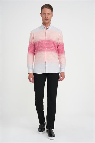 Comfort Fit Pano Desen Düğme Yaka %100 Keten Mercan Gömlek G 1593