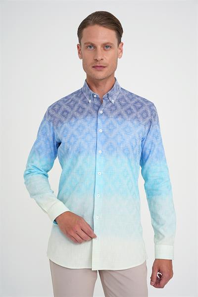 Comfort Fit Pano Desen Düğme Yaka %100 Keten Turkuaz Gömlek G 1593