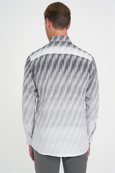 Comfort Fit Pano Desen Düğme Yaka %100 Keten Gri Gömlek G 1594