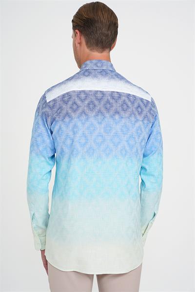 Comfort Fit Pano Desen Düğme Yaka %100 Keten Turkuaz Gömlek G 1593