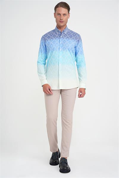 Comfort Fit Pano Desen Düğme Yaka %100 Keten Turkuaz Gömlek G 1593