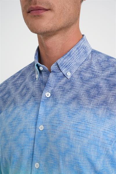 Comfort Fit Pano Desen Düğme Yaka %100 Keten Turkuaz Gömlek G 1593