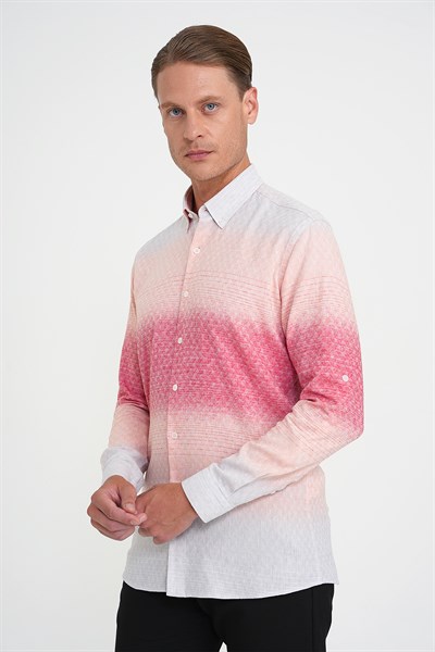Comfort Fit Pano Desen Düğme Yaka %100 Keten Mercan Gömlek G 1593