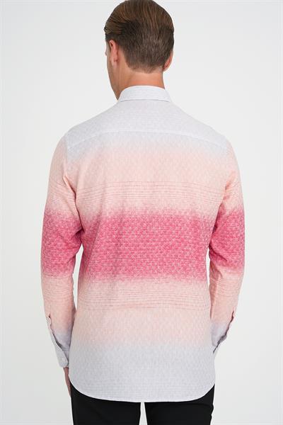 Comfort Fit Pano Desen Düğme Yaka %100 Keten Mercan Gömlek G 1593