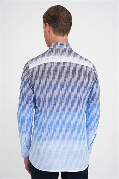 Comfort Fit Pano Desen Düğme Yaka %100 Keten Mavi Gömlek G 1594