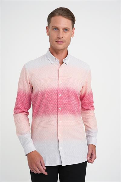 Comfort Fit Pano Desen Düğme Yaka %100 Keten Mercan Gömlek G 1593