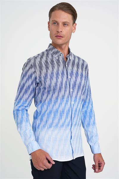 Comfort Fit Pano Desen Düğme Yaka %100 Keten Mavi Gömlek G 1594