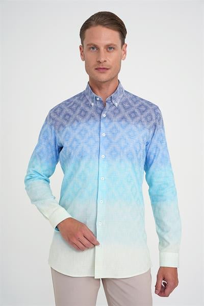 Comfort Fit Pano Desen Düğme Yaka %100 Keten Turkuaz Gömlek G 1593