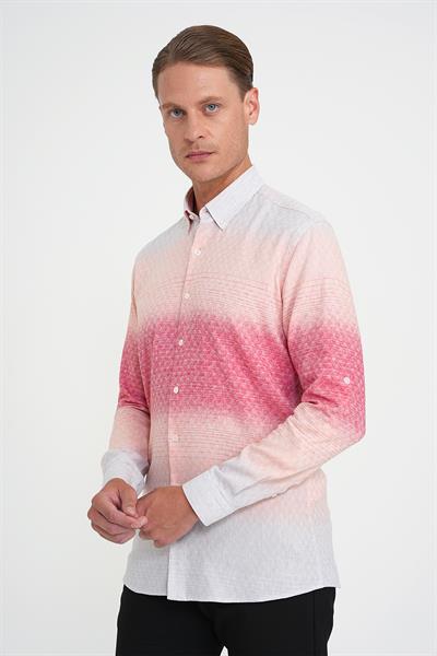 Comfort Fit Pano Desen Düğme Yaka %100 Keten Mercan Gömlek G 1593