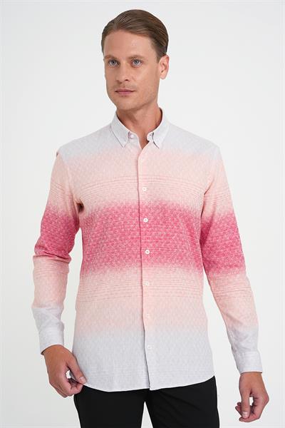 Comfort Fit Pano Desen Düğme Yaka %100 Keten Mercan Gömlek G 1593