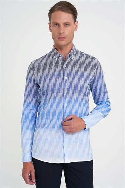 Comfort Fit Pano Desen Düğme Yaka %100 Keten Mavi Gömlek G 1594