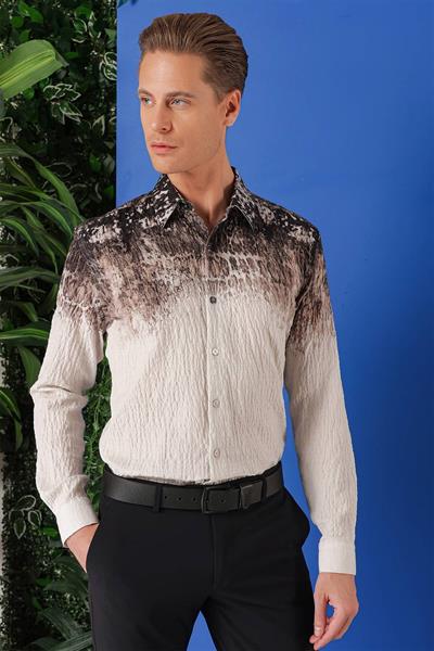 Comfort Fit Pano Desen Kırışık Dokulu %100 Pamuk Açık Kahve Gömlek G 1570