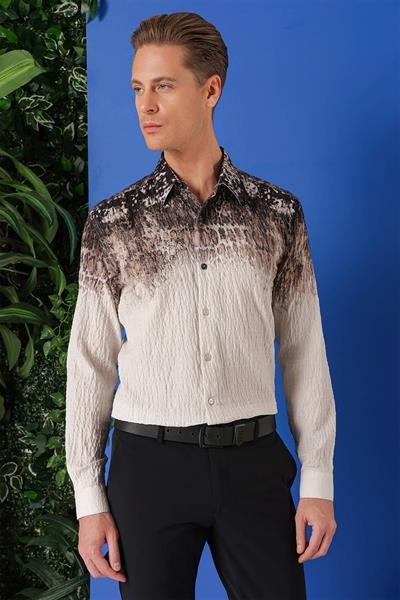 Comfort Fit Pano Desen Kırışık Dokulu %100 Pamuk Açık Kahve Gömlek G 1570