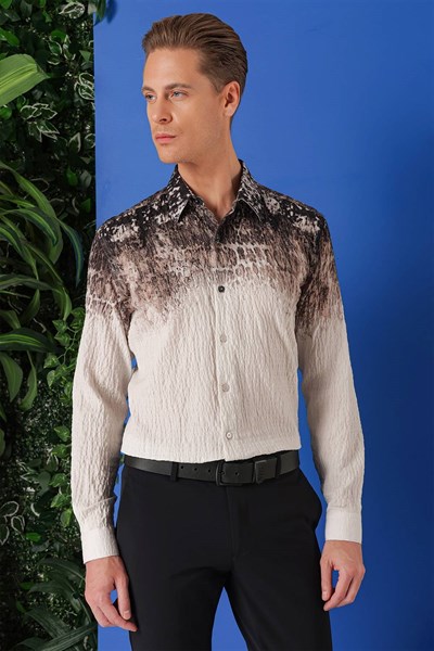 Comfort Fit Pano Desen Kırışık Dokulu %100 Pamuk Açık Kahve Gömlek G 1570