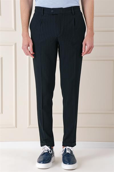 Comfort Fit Pileli İtalyan Çizgili Esnek Pamuk Casual Siyah Pantolon  P 1156