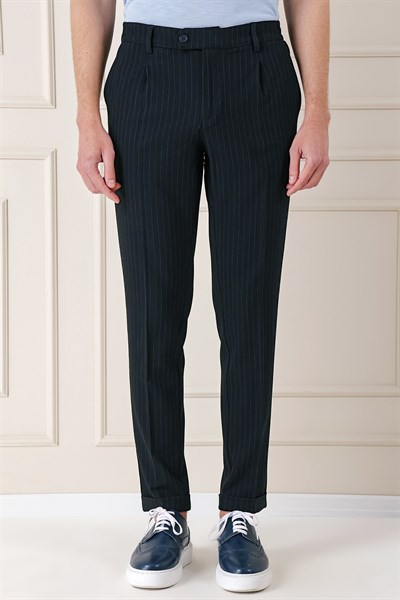 Comfort Fit Pileli İtalyan Çizgili Esnek Pamuk Siyah Pantolon  P 1156