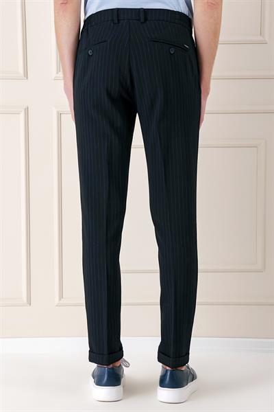 Comfort Fit Pileli İtalyan Çizgili Esnek Pamuk Casual Siyah Pantolon  P 1156