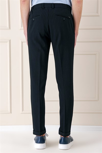 Comfort Fit Pileli İtalyan Çizgili Esnek Pamuk Siyah Pantolon  P 1156